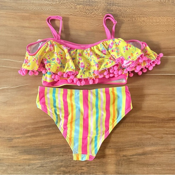 Betsy Johnson Floral and Strip Ruffled Pom-Pom Bikini Set Girls Size 10 - Picture 2 of 4